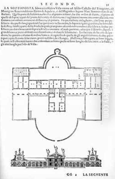 Plan and elevation of Villa Barbaro, Maser, illustration from a facsimile copy of I Quattro Libri dellArchitettura written by Palladio, originally published 1570 - view 1