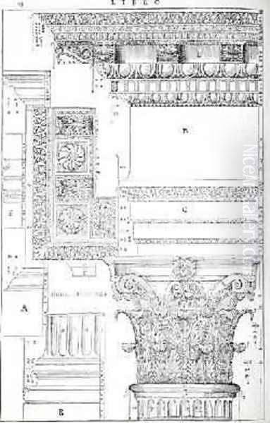 Decorative details from the Tempio of Trajan, illustration from a facsimile copy of I Quattro Libri dellArchitettura written by Palladio, originally published 1570 - view 1