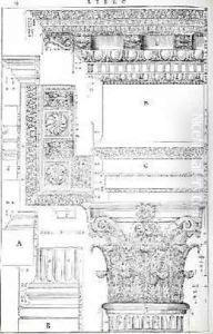 Decorative details from the Tempio of Trajan, illustration from a facsimile copy of I Quattro Libri dellArchitettura written by Palladio, originally published 1570 Decorative details from the Tempio of Trajan, illustration from a facsimile copy of I Quattro Libri dellArchitettura written by Palladio, originally published 1570
