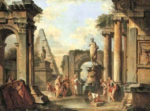 A capriccio of classical ruins with Diogenes throwing away his cup by Giovanni Paolo Panini
