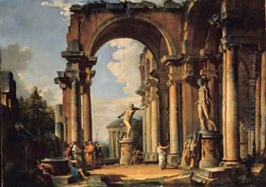 A capriccio of a ruined loggia with figures conversing by the Borghese Gladiator and the Apollo Belvedere, the Basilica of Maxentius by Giovanni Paolo Panini