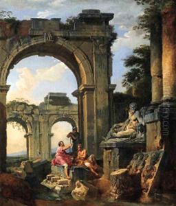 A capriccio of classical ruins with three figures conversing before a statue of a River God by Giovanni Paolo Panini