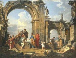 A capriccio of Roman ruins with the Parable of the Fishes by Giovanni Paolo Panini