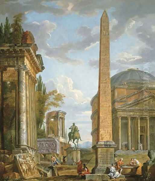 A capriccio with figures gathered around the Obelisk of Augustus, a view of the Pantheon, the Statue of Marcus Aurelius and the Temple of Sybil, Tivol - view 1
