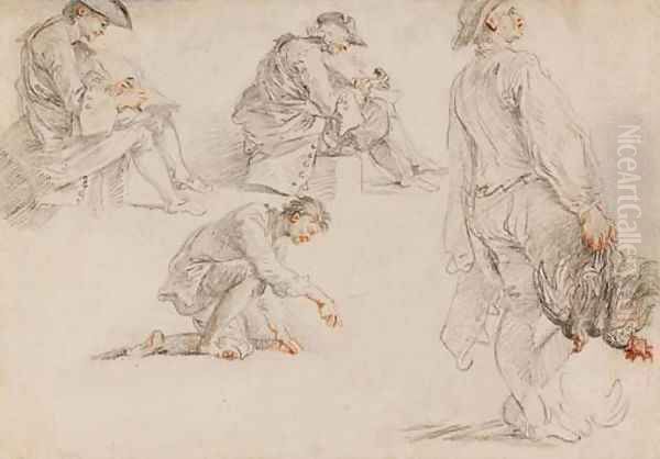 Quatre hommes dont deux ecrivant, un debout tenant deux oiseaux morts et le dernier agenouille - view 1