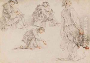 Quatre hommes dont deux ecrivant, un debout tenant deux oiseaux morts et le dernier agenouille