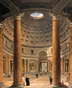 The interior of the Pantheon, Rome, looking north from the main altar towards the entrance, the Piazza della Rotonda beyond by Giovanni Paolo Panini