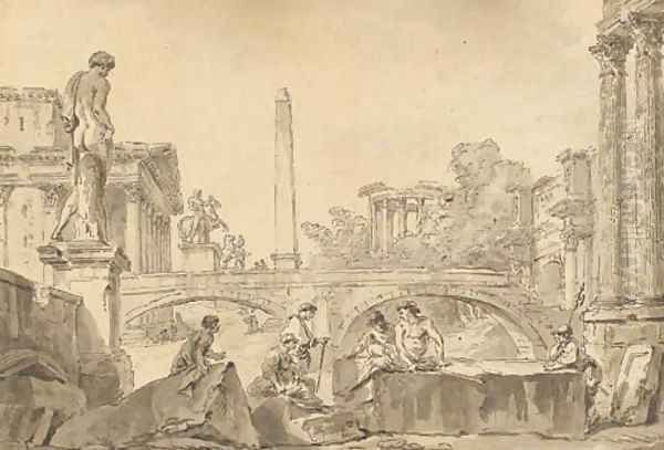 A capriccio with the Temple of Vesta, the Arch of Constantine, an obelisk, the Dioscuri and figures resting on ruins in the foreground - view 1