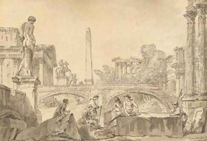 A capriccio with the Temple of Vesta, the Arch of Constantine, an obelisk, the Dioscuri and figures resting on ruins in the foreground by Giovanni Paolo Panini