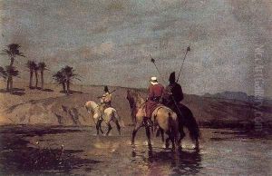 Arabic riders crossing a river by Alberto Pasini