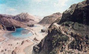 Arab Warriors in a mountainous landscape by Alberto Pasini