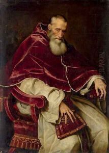 Portrait of Alessandro Farnese (1468-1549), Pope Paul III (1534-1549), seated three-quarter-length, in a papal robes by Scipione Pulzone