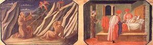 St. Francis of Assisi receiving the stigmata, SS. Cosmas and Damian healing a sick man; copies of original panels forming part of the Predella to the Madonna and Child Enthroned by Filippo Lippi