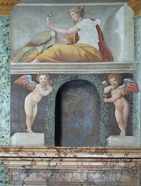 The Sala delle Prospettive Hall of Perspective detail of trompe l'oeil niche depicting the goddess Juno with a peacock, 1518-19 by Baldassare Peruzzi