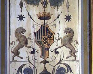 Painted window shutters depicting a coat of arms with two lions by Baldassare Peruzzi