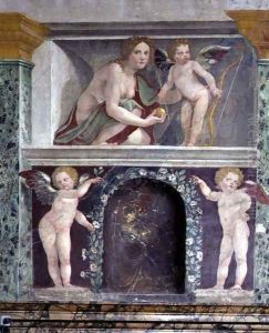 The Sala delle Prospettive Hall of Prospective detail of trompe loeil niche depicting Venus and Cupid, 1518-19 by Baldassare Peruzzi