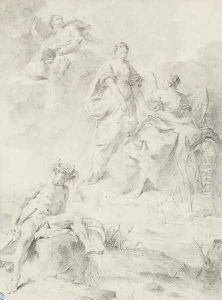 Le dieu de la riviere Po assis sur un rocher pres d'une source, les Sciences et les Lettres de l'autre cate de la riviere, Eole et Zephir en hau by Giovanni Battista Piazzetta