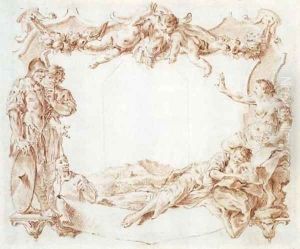 Design for a cartouche with putti holding a trophy above two soldiers spying on two reclining women, a landscape beyond by Giovanni Battista Piazzetta