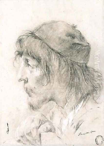 The head of a bearded man wearing a cap, in profile to the left - view 1