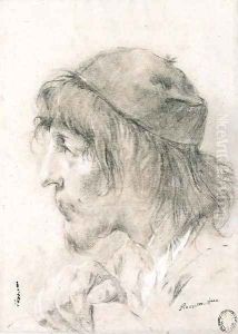 The head of a bearded man wearing a cap, in profile to the left