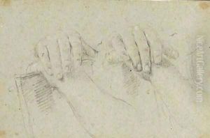 Two studies of hands resting on a board