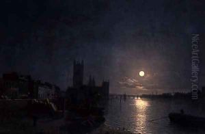 A View of the Thames, London, with the Houses of Parliament on the left and Lambeth Palace on the right, c.1860 by Henry Pether
