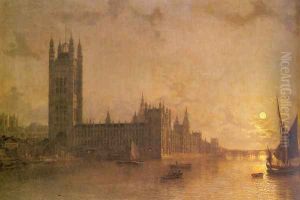 Westminister Abbey, The Houses of Parliament with the Construction of Wesminister Bridge by Henry Pether