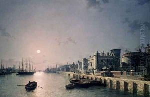 Tower of London and the Thames in moonlight by Henry Pether