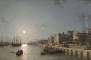View of the Thames by moonlight, towards London Bridge, with the Tower of London and Traitors' Gate in the foreground by Henry Pether