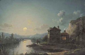 Figures by a cottage in a moonlit river landscape
