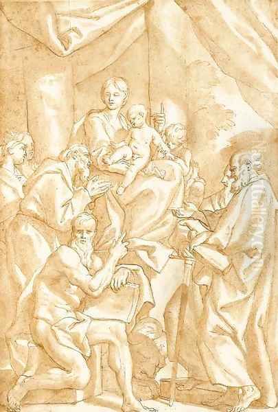 The Madonna and Child seated on a pedestal with the infant Baptist, Saint John, Saint Paul, Saint Jerome and Saint Francis - view 1
