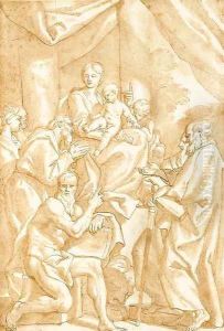 The Madonna and Child seated on a pedestal with the infant Baptist, Saint John, Saint Paul, Saint Jerome and Saint Francis by Domenico Piola