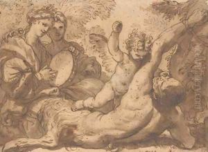 A putto striking a satyr bound to a tree, two women playing a tambourine on the left by Domenico Piola