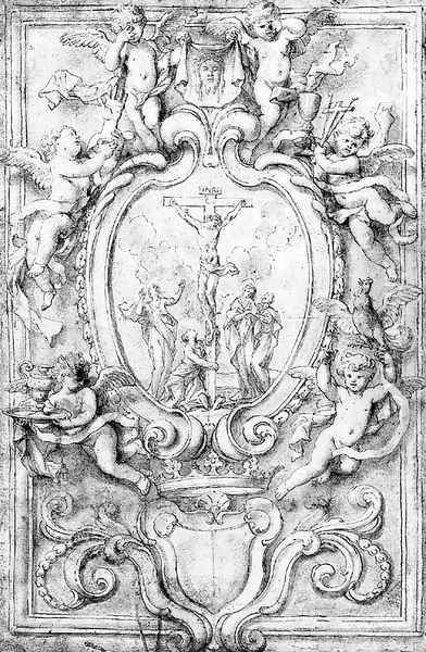 The Crucifixion in a cartouche, surrounded by putti bearing symbols of the Passion design for a frontispiece - view 1