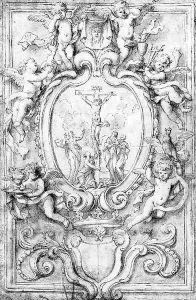 The Crucifixion in a cartouche, surrounded by putti bearing symbols of the Passion design for a frontispiece by Domenico Piola