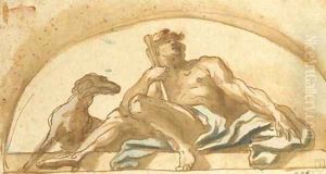 A seated shepherd with a dog study for a lunette by Domenico Piola