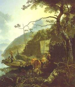 Boatmen Moored on the Shore of an Italian Lake 1668 by Adam Pynacker