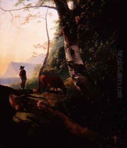 Wooded landscape with a drover and his cattle by Adam Pynacker