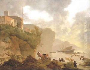 A coastal landscape with stevedores unloading a ship, a castle beyond by Adam Pynacker