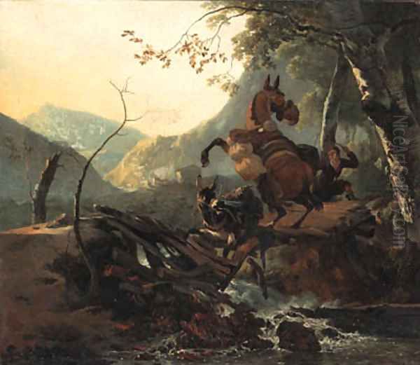 An Italianate landscape with a donkey and a rearing horse crossing a collapsing bridge - view 1