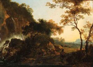 An Italianate Landscape with a Traveller on a Path by a Waterfall, a drover and cattle beyond