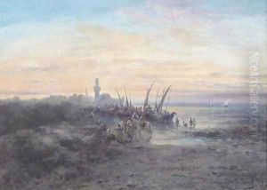 A North African coastline with fishermen at dawn by Paul Pascal