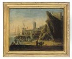 A Mediterranean Coastal Inlet With Fishermen And Shipping, A Fortified Town Beyond by Johannes Lingelbach