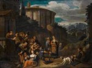 Pilgrims Receiving Alms Before A Temple