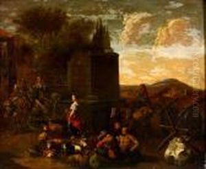Romische Landschaft Mit Antikem Brunnen Und Personenstaffage by Johannes Lingelbach