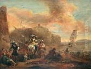 Hans Efterfoljd, Orientaliska Kopman Och Elegant Sallskap I Sydlandsk Hamn by Johannes Lingelbach