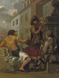 'bamboccianti' Drinking Near A Statue Of A Sphinx