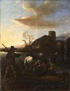 Viandanti Al Guado Presso Un Fiume, Con Borgo Fortificato In Lontananza by Johannes Lingelbach