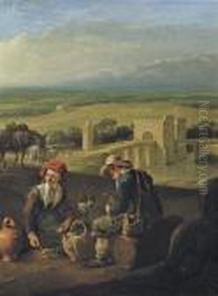 Two Peasants Eating In An Italianate River Landscape, Travellers Ona Bridge Beyond - view 1