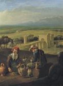 Two Peasants Eating In An Italianate River Landscape, Travellers Ona Bridge Beyond by Johannes Lingelbach